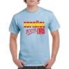 Camiseta de algodon de color azul celeste personalizada con la frase ESPAÑOL 100% ORIGINAL con los colores rojo y gualda de la bandera española