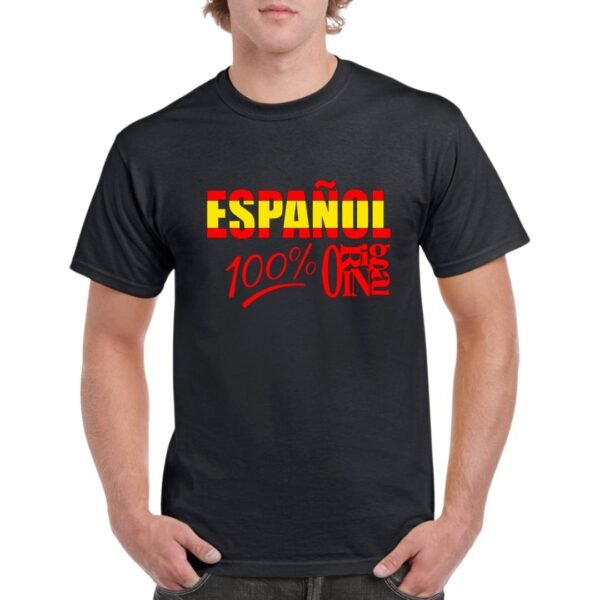Camiseta de algodon de color negro personalizada con la frase ESPAÑOL 100% ORIGINAL con los colores rojo y gualda de la bandera española