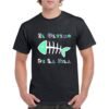 Camiseta unisex de color negro personalizada con el nombre del grupo mitico EL ULTIMO DE LA FILA con la tipografia de uno de sus grandes album y una raspar con la cabeza y la cola de color verde agua