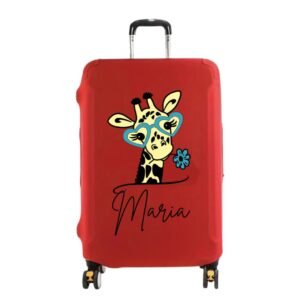 Funda elástica para maletas de color rojo personalizada con la imagen de una jirafa cuqui y el nombre de la persona propietaria