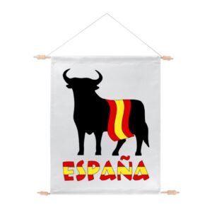 Poster de tela de color blanco personalizado con el iconico TORO de OSBORNE envuelto en la bandera de ESPAÑA