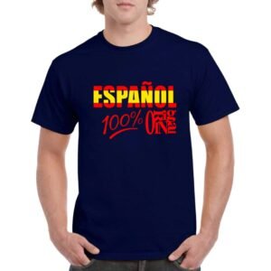 Camiseta de algodon de color azul marino personalizada con la frase ESPAÑOL 100% ORIGINAL con los colores rojo y gualda de la bandera española