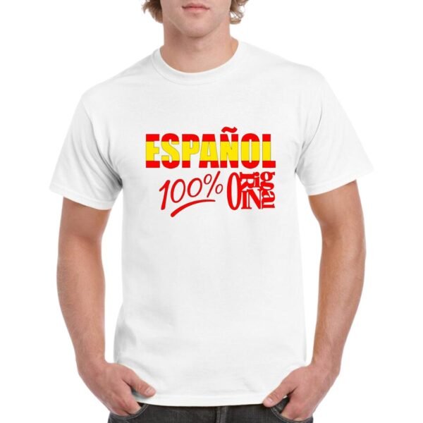 Camiseta de algodon de color blanco personalizada con la frase ESPAÑOL 100% ORIGINAL con los colores rojo y gualda de la bandera española