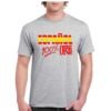 Camiseta de algodon de color gris personalizada con la frase ESPAÑOL 100% ORIGINAL con los colores rojo y gualda de la bandera española