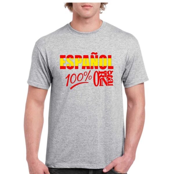Camiseta de algodon de color gris personalizada con la frase ESPAÑOL 100% ORIGINAL con los colores rojo y gualda de la bandera española
