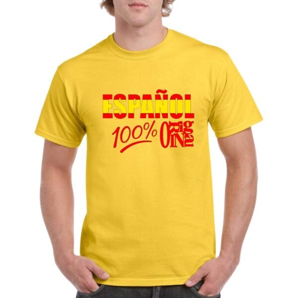 Camiseta de algodon de color amarillo personalizada con la frase ESPAÑOL 100% ORIGINAL con los colores rojo y gualda de la bandera española