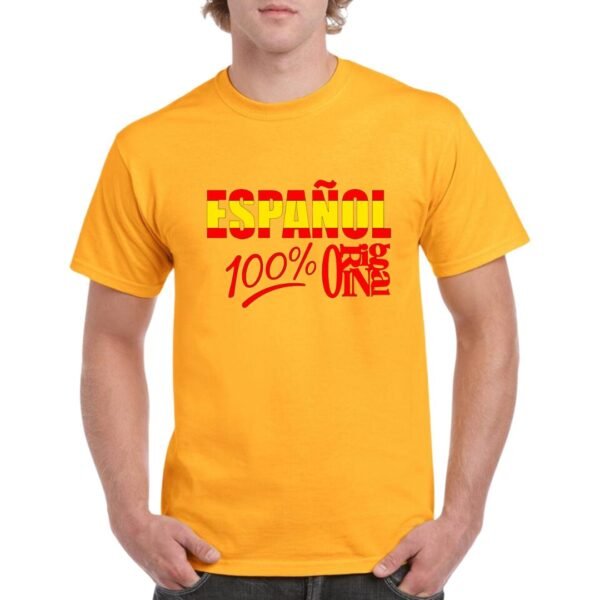 Camiseta de algodon de color naranja personalizada con la frase ESPAÑOL 100% ORIGINAL con los colores rojo y gualda de la bandera española