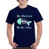 Camiseta unisex de color azul marino personalizada con el nombre del grupo mitico EL ULTIMO DE LA FILA con la tipografia de uno de sus grandes album y una raspar con la cabeza y la cola de color verde agua