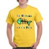 Camiseta unisex de color amarillo personalizada con el nombre del grupo mitico EL ULTIMO DE LA FILA con la tipografia de uno de sus grandes album y una raspar con la cabeza y la cola de color verde agua