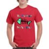 Camiseta unisex de color rojo personalizada con el nombre del grupo mitico EL ULTIMO DE LA FILA con la tipografia de uno de sus grandes album y una raspar con la cabeza y la cola de color verde agua