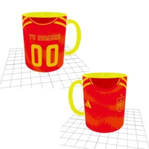 Taza cerámica con asa e interior de color rojo, personalizada con la camiseta de la 1ª equipación de la Selección Española de Futbol "LA ROJA"