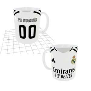 Taza de cerámica blanca de 11 onzas, personalizada con la camiseta oficial del REAL MADRID 2024-2025, con la posibilidad de personalizar el nombre y el dorsal que el comprador desee.