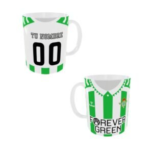 Taza ceramica blanca de 11 onzas, personalizada con la camiseta oficial del REAL BETIS BALOMPIE 2024-2025, con la posibilidad de personalizar el nombre y el dorsal que el comprador estime.