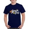 Camiseta de color azul marino personalizada con un diseño exclusivo de ESPAÑA VOLEY PLAYA. Destacatar que la E de España esta identificada con los colores de la bandera española.
