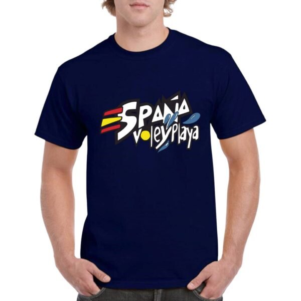 Camiseta de color azul marino personalizada con un diseño exclusivo de ESPAÑA VOLEY PLAYA. Destacatar que la E de España esta identificada con los colores de la bandera española.