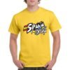 Camiseta de color amarillo personalizada con un diseño exclusivo de ESPAÑA VOLEY PLAYA. Destacatar que la E de España esta identificada con los colores de la bandera española.