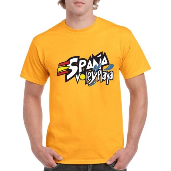 Camiseta de naranja rojo personalizada con un diseño exclusivo de ESPAÑA VOLEY PLAYA. Destacatar que la E de España esta identificada con los colores de la bandera española.