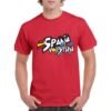 Camiseta de color rojo personalizada con un diseño exclusivo de ESPAÑA VOLEY PLAYA. Destacatar que la E de España esta identificada con los colores de la bandera española.