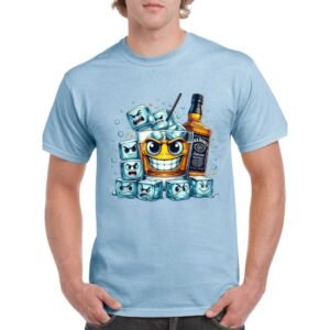 Camiseta unisex de color azul celeste personalizada con una ilustracion caricaturesca de un vaso con cubitos de hielo y una botella de bourbon JACK DANIELS