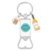 Llavero metalico color plata metalizado, con abridor de botellines, con dos colgantes con motivos cerveceros y una placa central para añadir una foto personalizada
