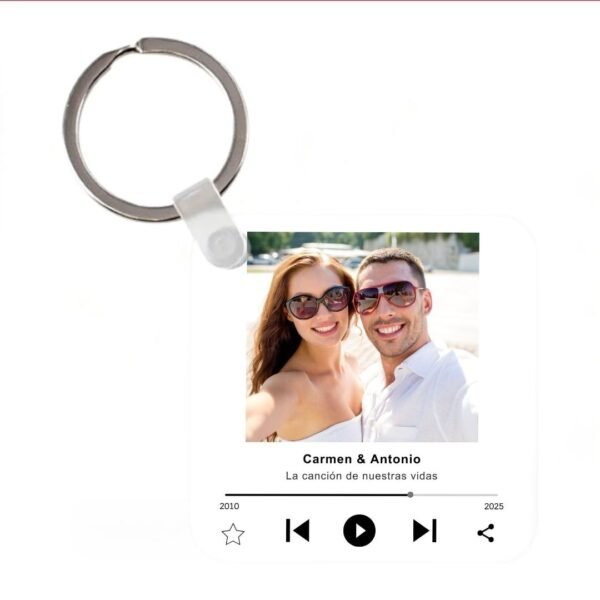 Llavero de aluminio personalizado con imagen de la app SPOTIFY con fondo color blanco, con foto, nombres y fechas de la pareja