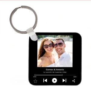 Llavero de aluminio personalizado con imagen de la app SPOTIFY con fondo color negro, con foto, nombres y fechas de la pareja