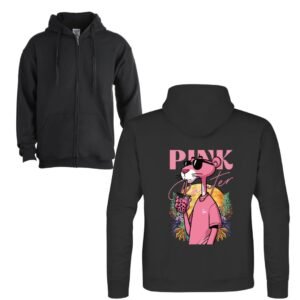 Sudadera unisex de color negro con cremallera y capucha, personalizada en la espalda con una imagen de la Pantera Rosa, la archiconocidad THE PINK PANTER