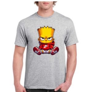 Camiseta algodon de color gris personalizada con la ilustracion de un bebe con una sudadera de color rojo NIKE. Impresion DTF