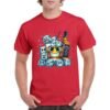 Camiseta unisex de color rojo personalizada con una ilustracion caricaturesca de un vaso con cubitos de hielo y una botella de bourbon JACK DANIELS