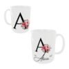 Taza cerámica de color blanco personalizable con el nombre de mujer y su inicial con unos ornamentos florales