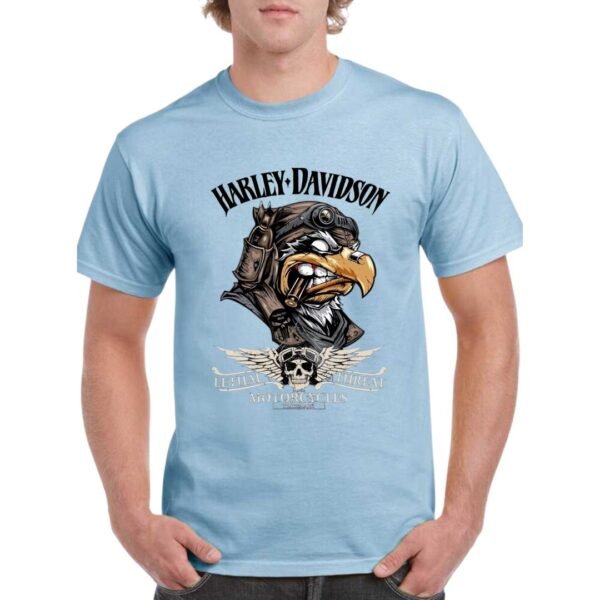 Camiseta de algodón de color azul celeste personalizada con la famosa águila de la archi conocida marca motera HARLEY DAVIDSON