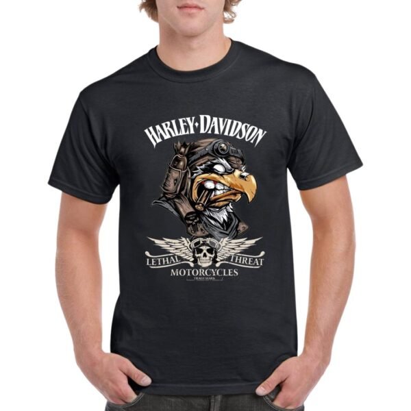 Camiseta de algodón de color negro personalizada con la famosa águila de la archi conocida marca motera HARLEY DAVIDSON