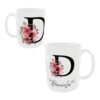 Taza cerámica de color blanco personalizable con el nombre de mujer y su inicial con unos ornamentos florales