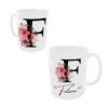Taza cerámica de color blanco personalizable con el nombre de mujer y su inicial con unos ornamentos florales