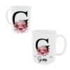 Taza cerámica de color blanco personalizable con el nombre de mujer y su inicial con unos ornamentos florales
