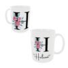 Taza cerámica de color blanco personalizable con el nombre de mujer y su inicial con unos ornamentos florales