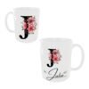 Taza cerámica de color blanco personalizable con el nombre de mujer y su inicial con unos ornamentos florales