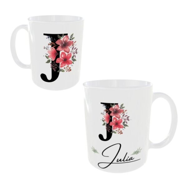 Taza cerámica de color blanco personalizable con el nombre de mujer y su inicial con unos ornamentos florales