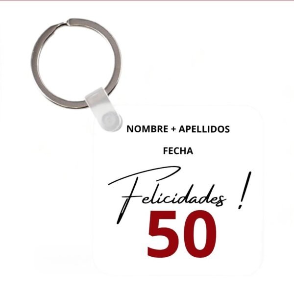 Llavero de aluminio cuadrado personalizado en la parte trasera con el evento que se quiere felicitar