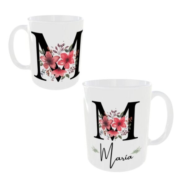 Taza cerámica de color blanco personalizable con el nombre de mujer y su inicial con unos ornamentos florales