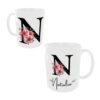 Taza cerámica de color blanco personalizable con el nombre de mujer y su inicial con unos ornamentos florales