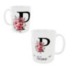 Taza cerámica de color blanco personalizable con el nombre de mujer y su inicial con unos ornamentos florales