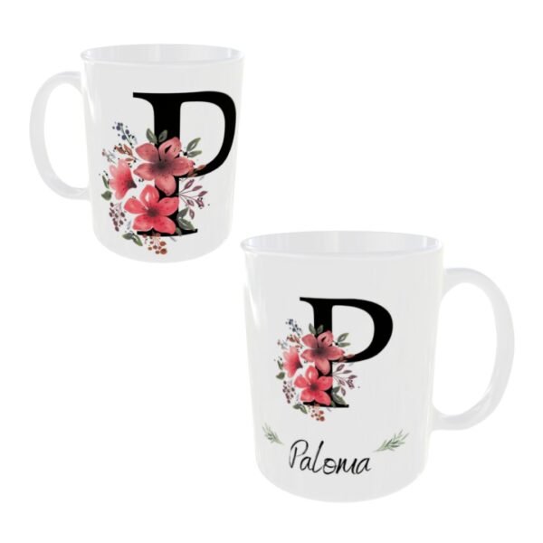 Taza cerámica de color blanco personalizable con el nombre de mujer y su inicial con unos ornamentos florales