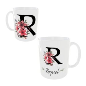 Taza cerámica de color blanco personalizable con el nombre de mujer y su inicial con unos ornamentos florales