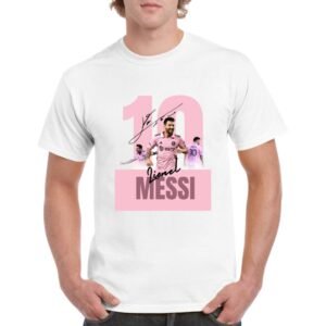 Camiseta algodon de color blanco, personalizada con el mas grande del futbol MESSI y al fondo el numero diez con los colores del Inter de Miami