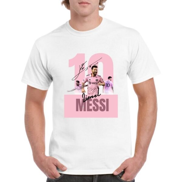 Camiseta algodon de color blanco, personalizada con el mas grande del futbol MESSI y al fondo el numero diez con los colores del Inter de Miami
