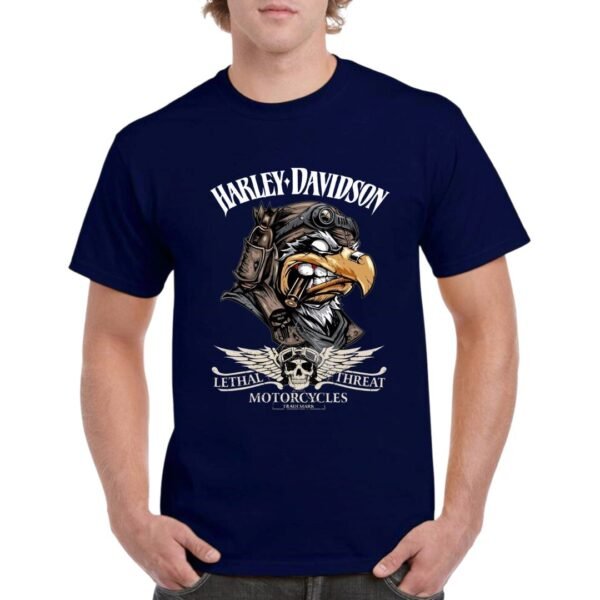 Camiseta de algodón de color azul marino personalizada con la famosa águila de la archi conocida marca motera HARLEY DAVIDSON