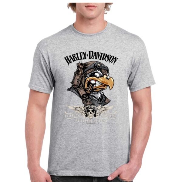 Camiseta de algodón de color gris personalizada con la famosa águila de la archi conocida marca motera HARLEY DAVIDSON