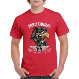 Camiseta de algodón de color rojo personalizada con la famosa águila de la archi conocida marca motera HARLEY DAVIDSON