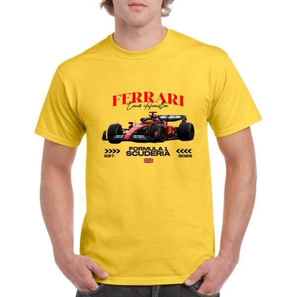Camiseta algodón de color amarillo personalizada con el Ferrari 2025 de Lewis Hamilton